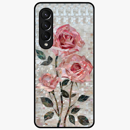 Blush Mosaic Bloom Glass Case showing flat back view with mosaic floral bloom artwork and glossy glass finish.