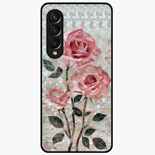 Blush Mosaic Bloom Glass Case showing flat back view with mosaic floral bloom artwork and glossy glass finish.