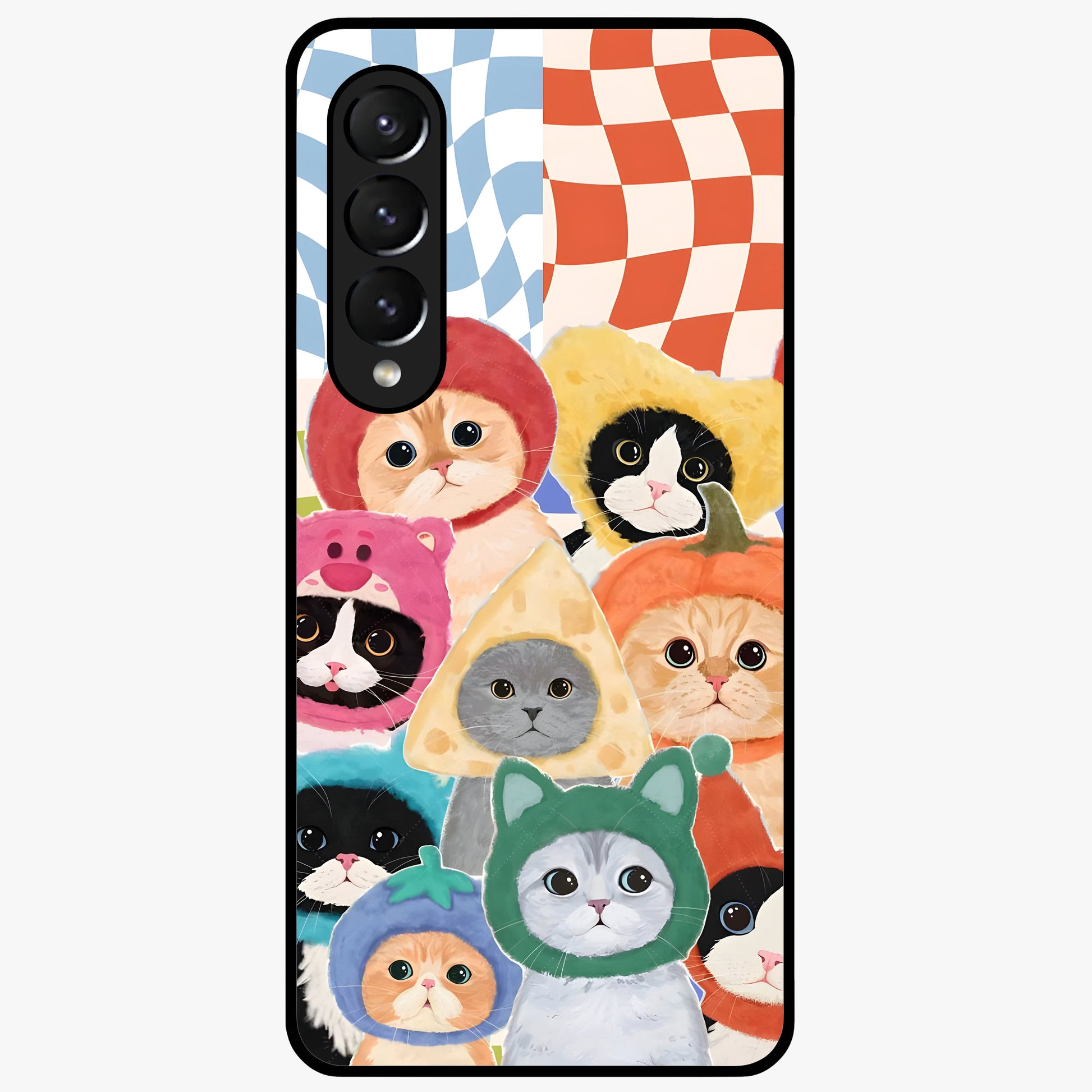 Cats in Fruits Glass Case showing flat back view with playful cat illustrations inside fruit artwork and glossy glass finish.