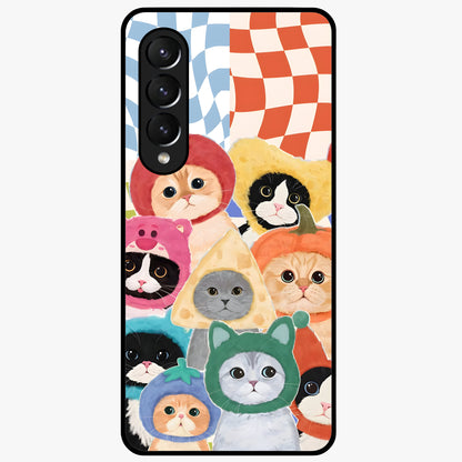 Cats in Fruits Glass Case showing flat back view with playful cat illustrations inside fruit artwork and glossy glass finish.