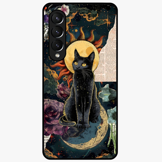 Celestial Black Cat Glass Case showing flat back view with mystical black cat artwork and glossy glass finish.