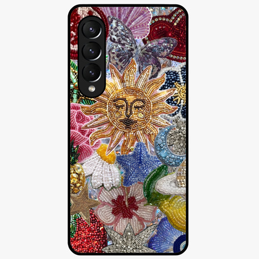 Celestial Floral and Playful Glass Case showing flat back view with floral and celestial themed artwork and glossy glass finish.