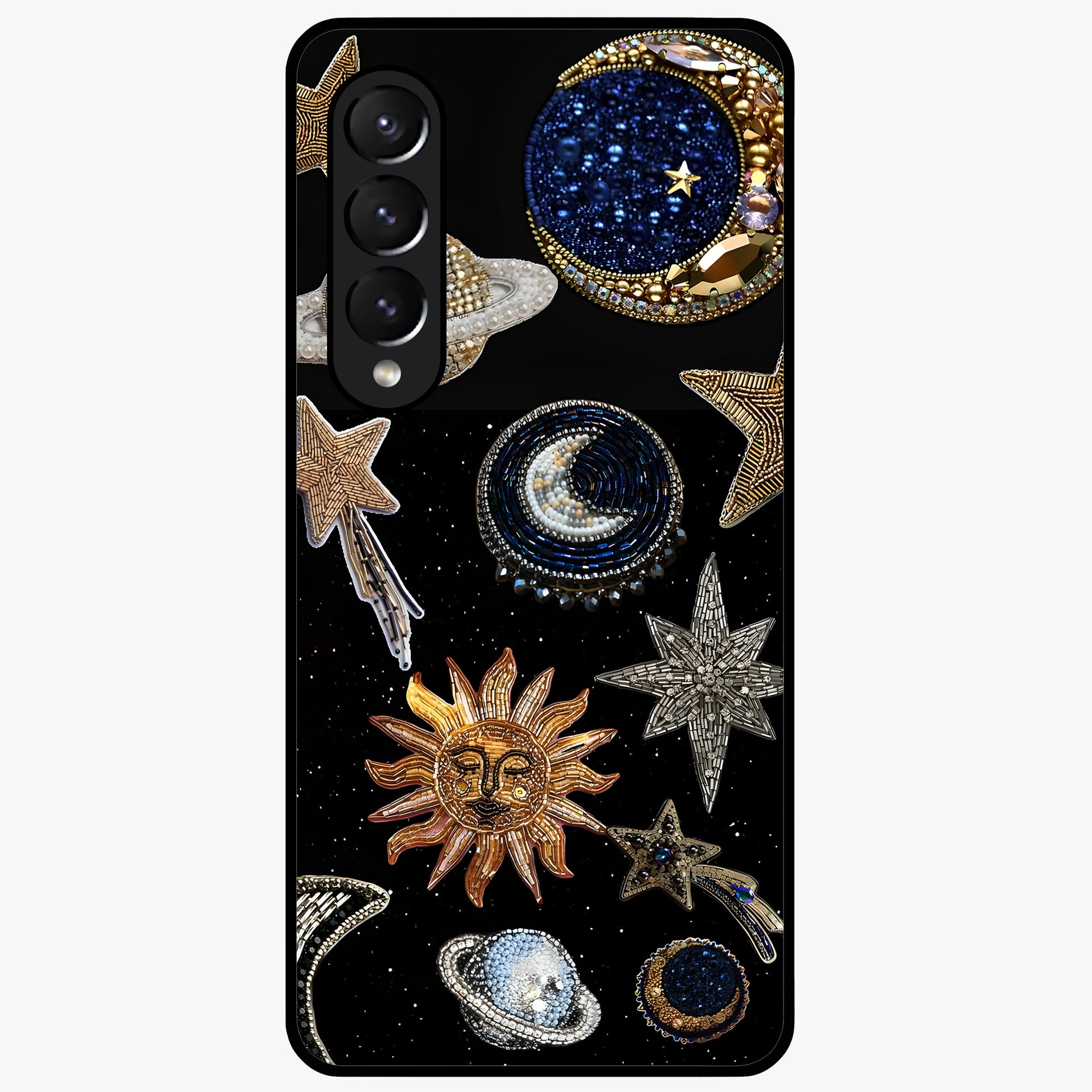 Celestial Gem Constellations Glass Case showing flat back view with sparkling constellation artwork and glossy glass finish.