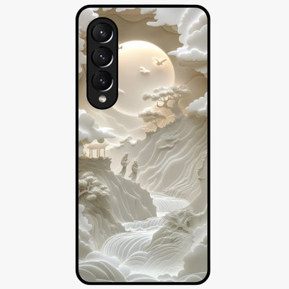 Celestial Origami Glass Case showing flat back view with artistic origami inspired celestial artwork and glossy glass finish.
