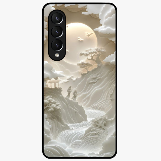 Celestial Origami Glass Case showing flat back view with artistic origami inspired celestial artwork and glossy glass finish.