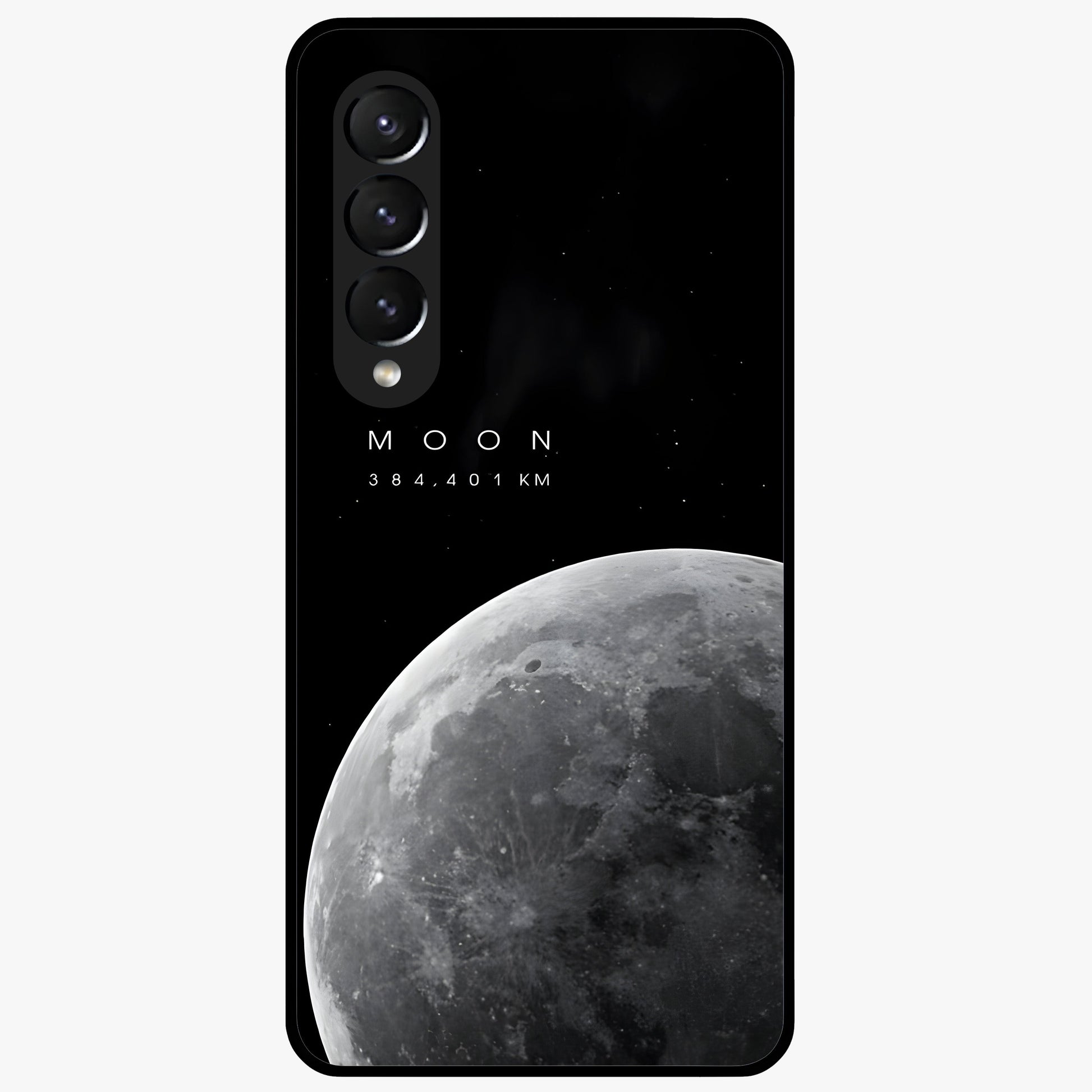 Cosmic Moon Glow Glass Case showing flat back view with glowing moon artwork and glossy glass finish.