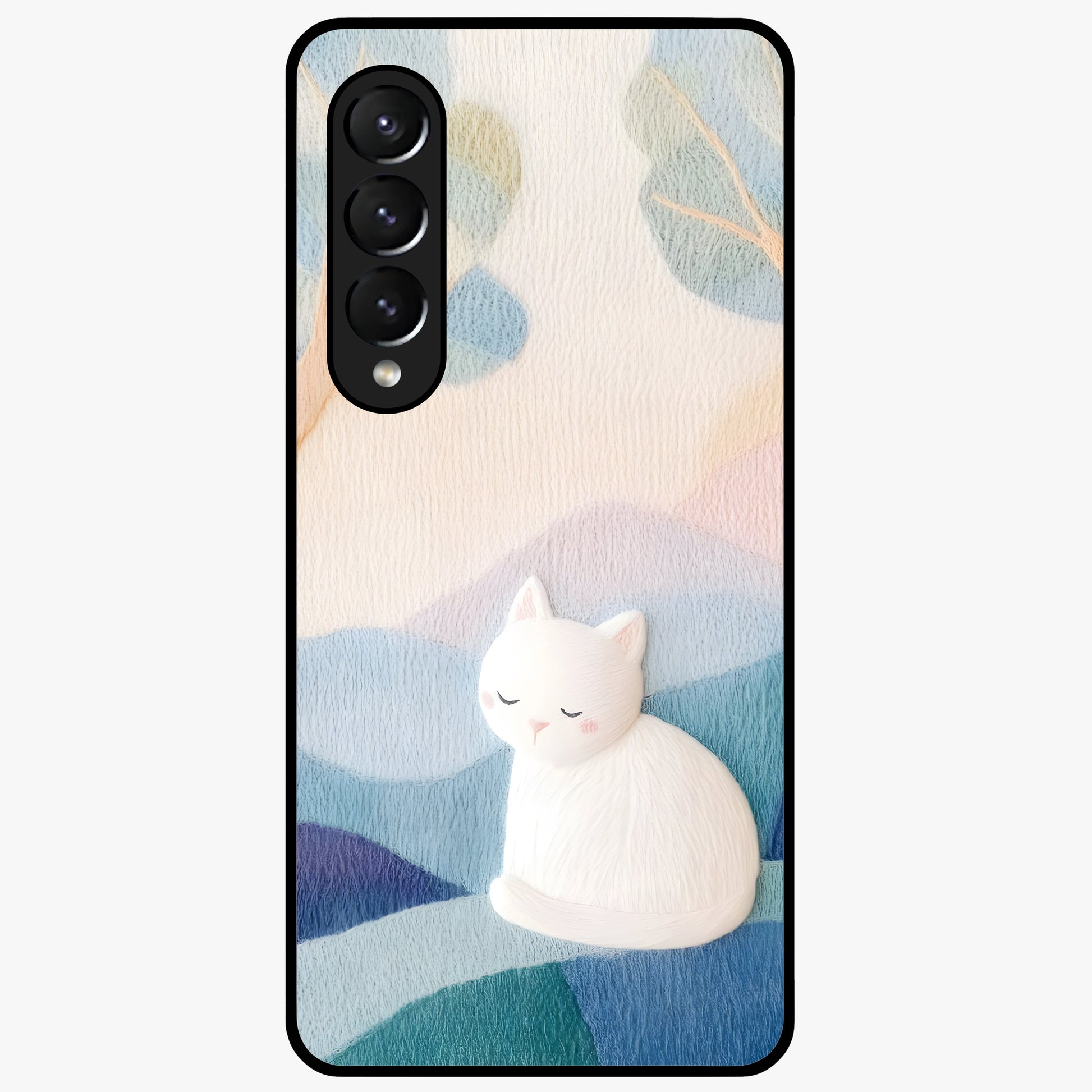 Cotton Dream Cat Glass Case showing flat back view with soft dreamy cat artwork and glossy glass finish.