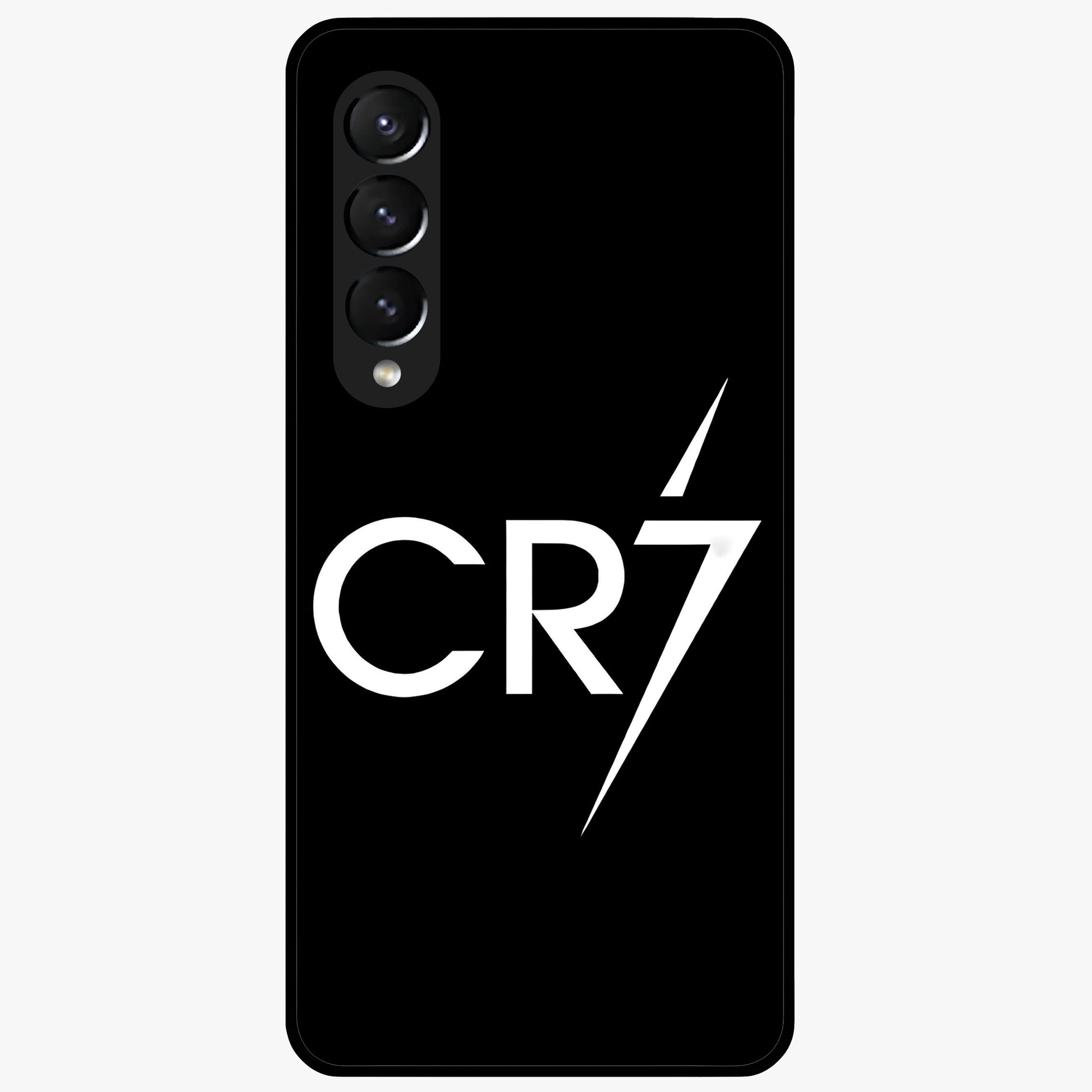 Cr7 Elite Strike Glass Case showing flat back view with dynamic football inspired artwork and glossy glass finish.