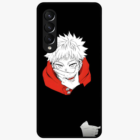 Crimson Chaos Smile Glass Case showing flat back view with bold chaotic smile artwork and glossy glass finish.