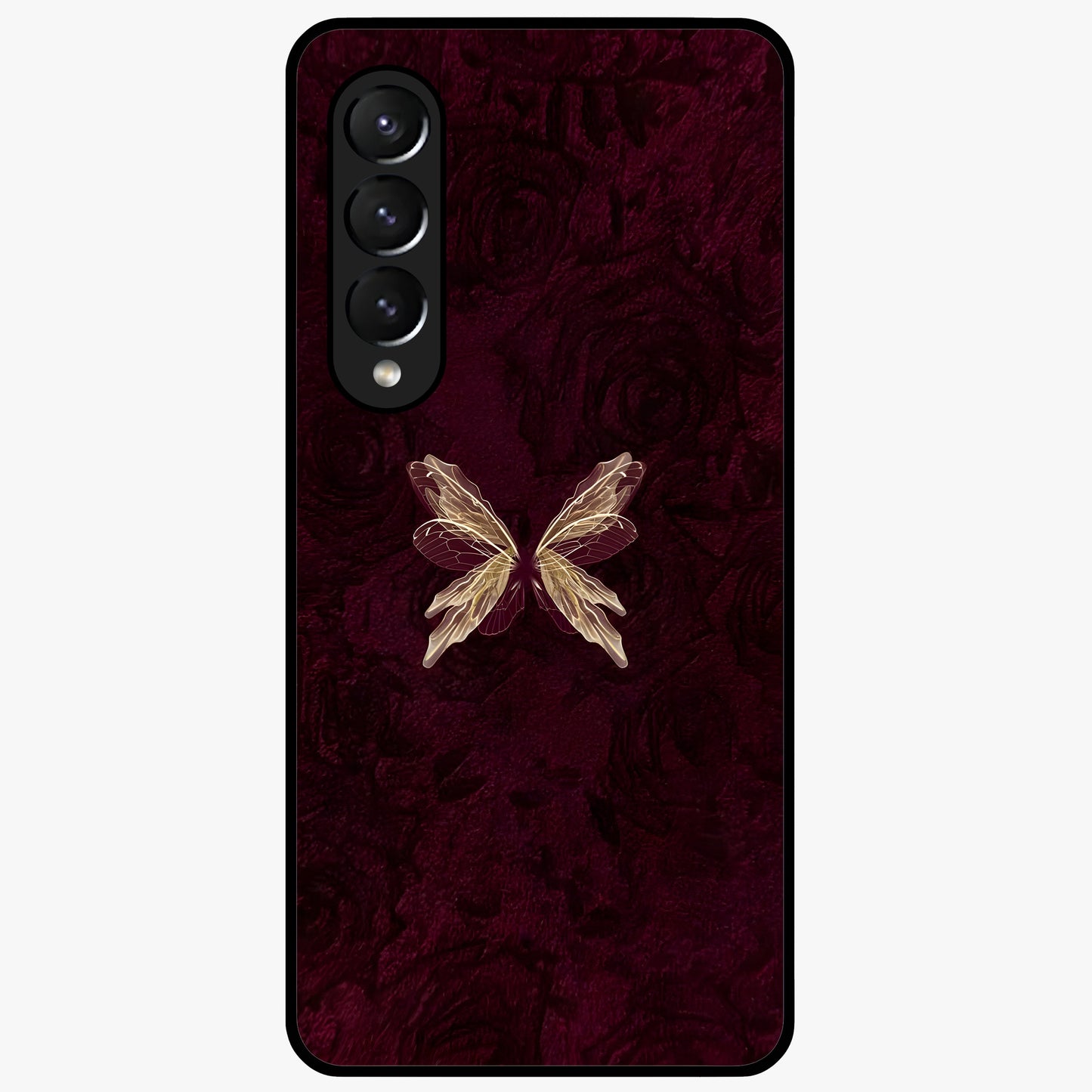 Crimson Fade Butterfly Glass Case showing flat back view with fading butterfly artwork and glossy glass finish.