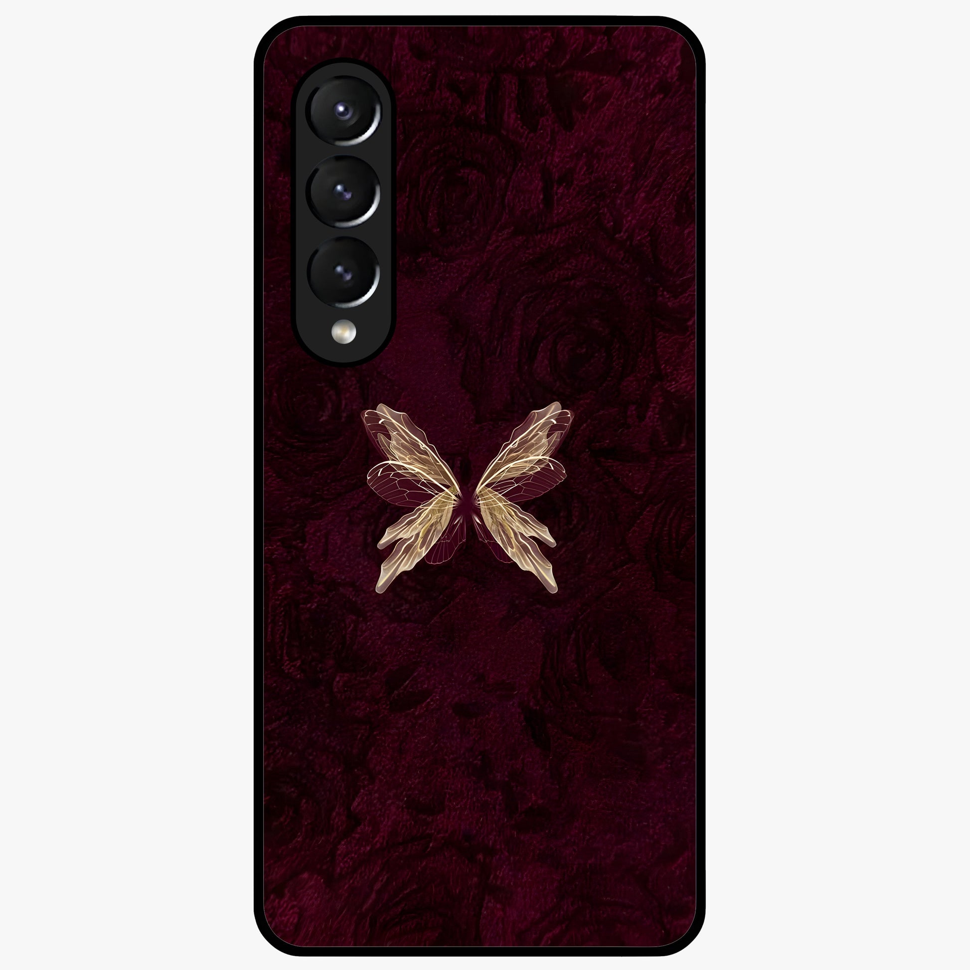 Crimson Fade Butterfly Glass Case showing flat back view with fading butterfly artwork and glossy glass finish.