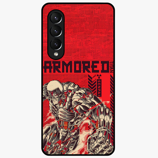 Crimson Mecha Titan Glass Case showing flat back view with powerful mech titan artwork and glossy glass finish.