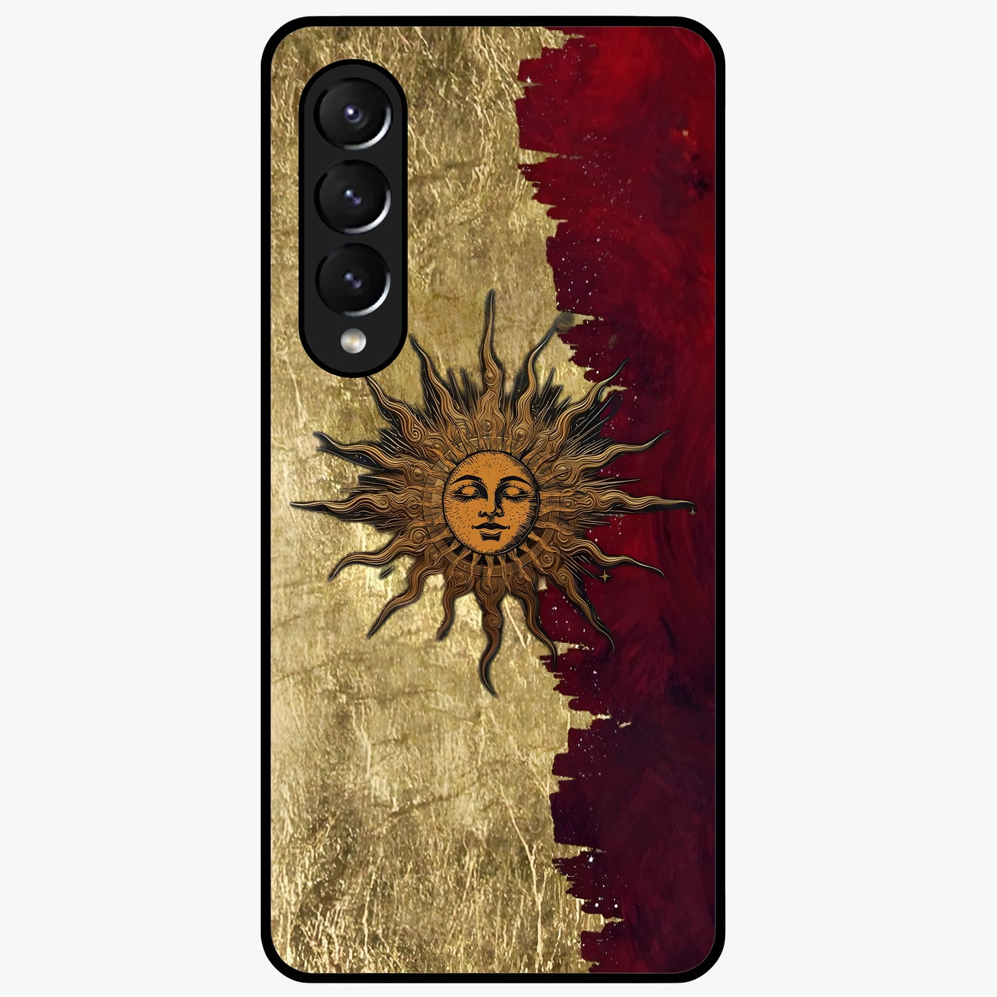Crimson Sun Majesty Glass Case showing flat back view with radiant sun inspired artwork and glossy glass finish.