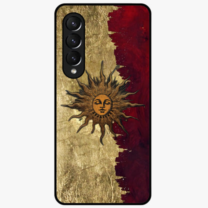 Crimson Sun Majesty Glass Case showing flat back view with radiant sun inspired artwork and glossy glass finish.