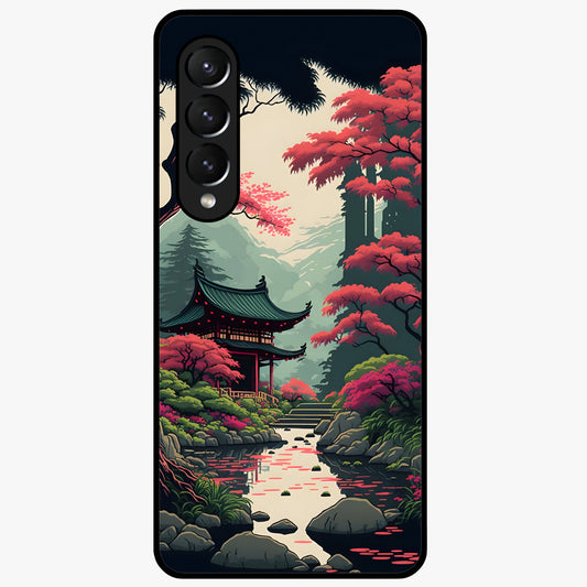 Crimson Temple View Glass Case showing flat back view with temple inspired artwork and glossy glass finish.