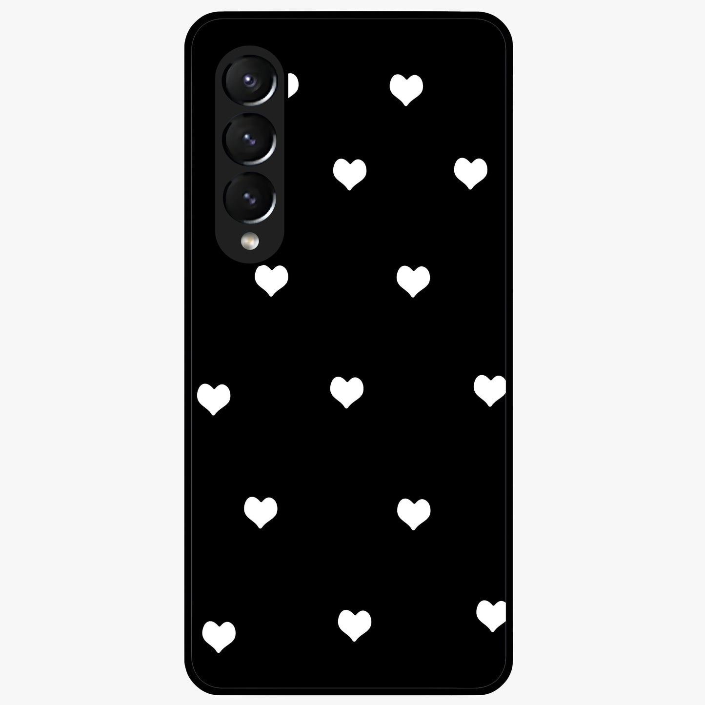 Cute And Simple White Hearts Glass Case showing flat back view with minimal white heart pattern and glossy glass finish.