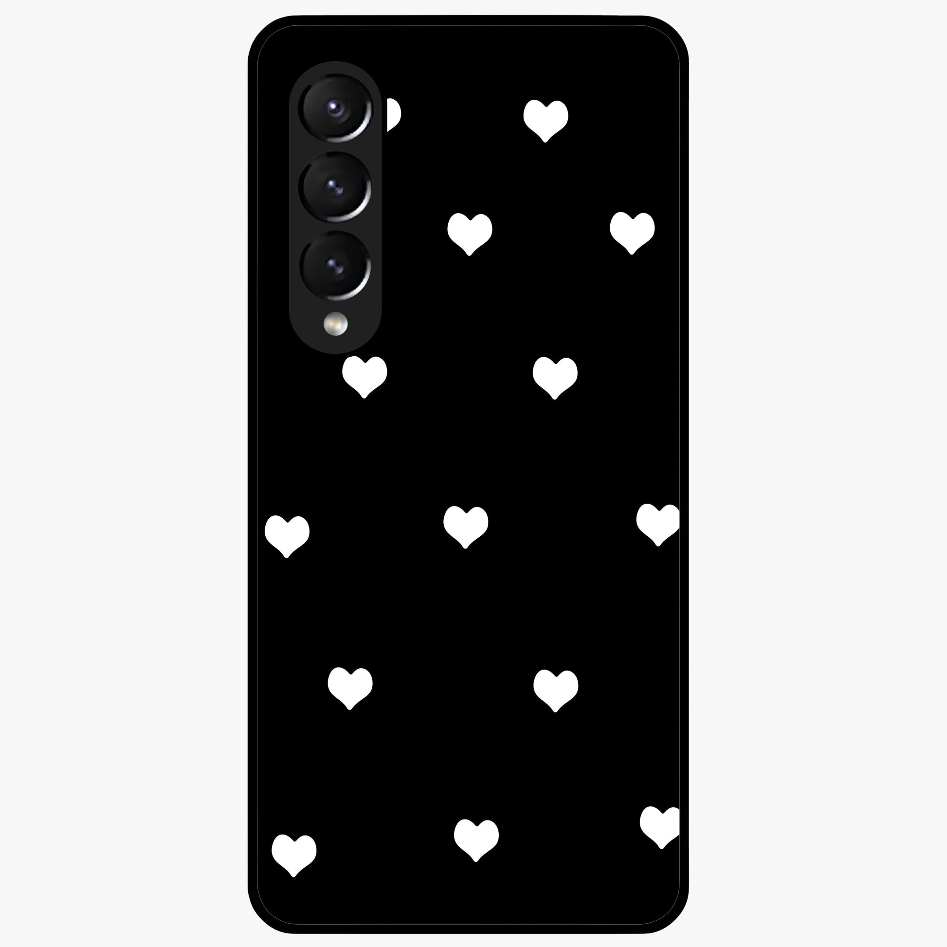 Cute And Simple White Hearts Glass Case showing flat back view with minimal white heart pattern and glossy glass finish.