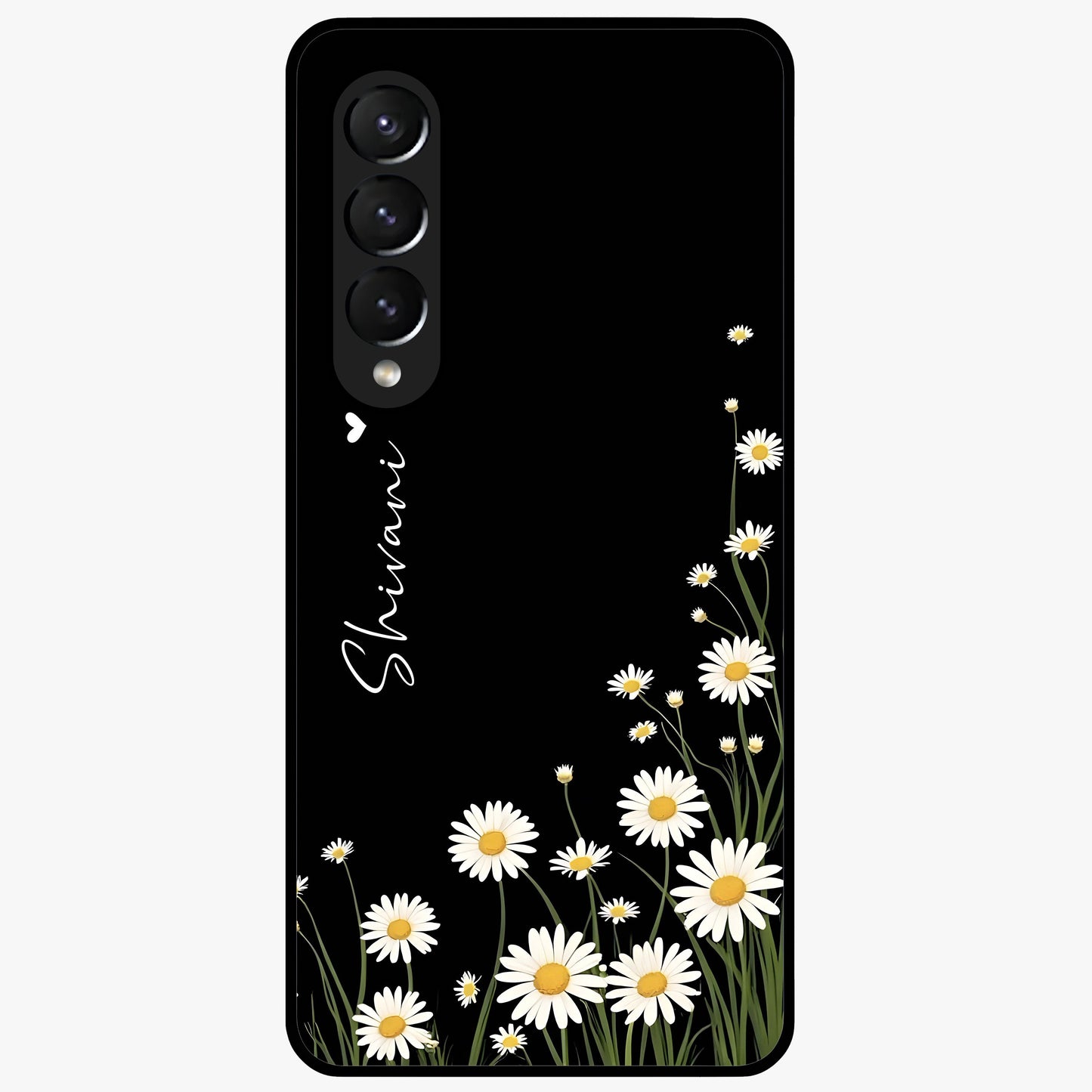 Daisy Cascade Custom Name Glass Case showing flat back view with cascading daisy flowers and personalized name design.