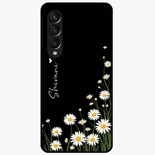 Daisy Cascade Custom Name Glass Case showing flat back view with cascading daisy flowers and personalized name design.