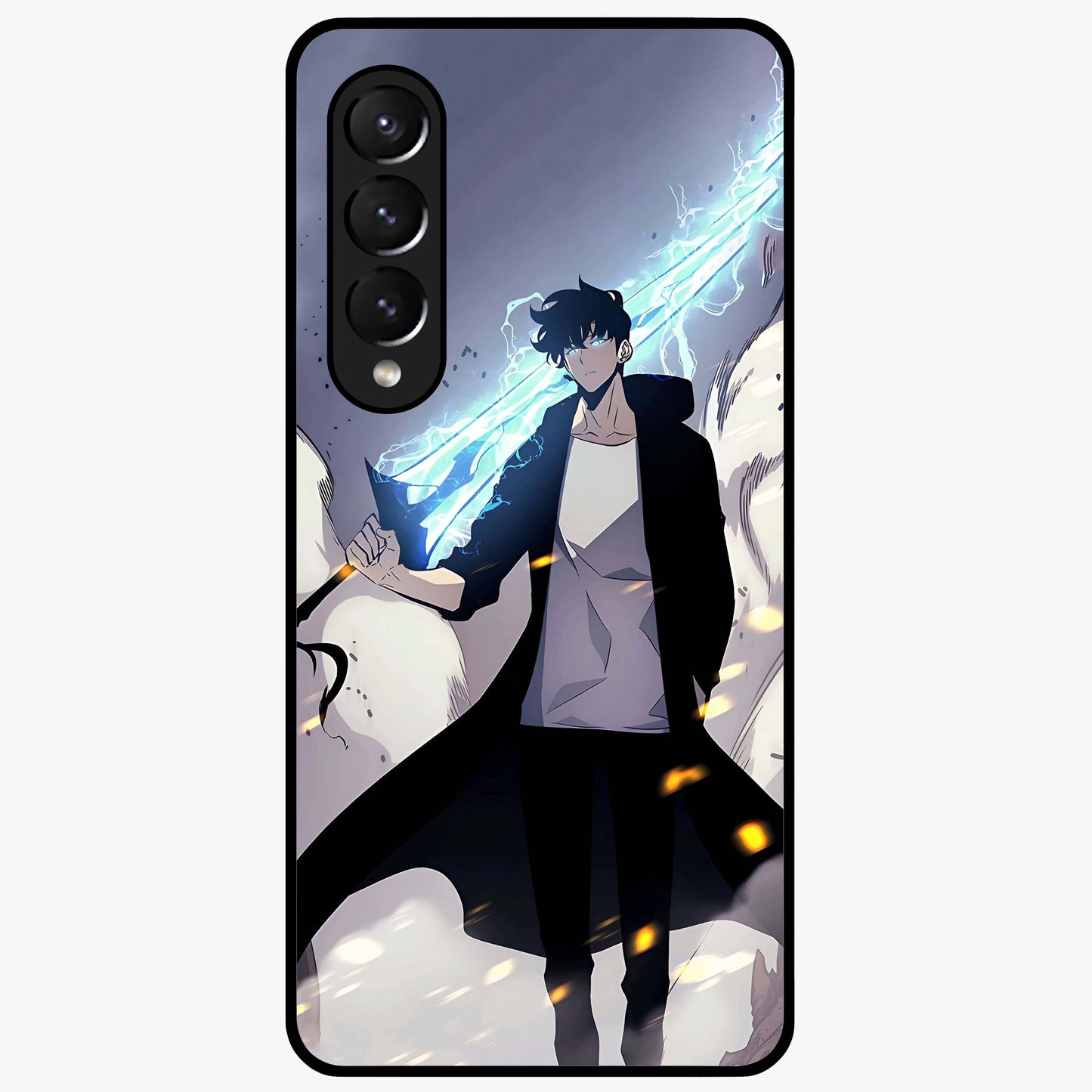 Dark Lightning Anime Warrior Glass Case showing flat back view with intense anime warrior artwork and glossy glass finish.