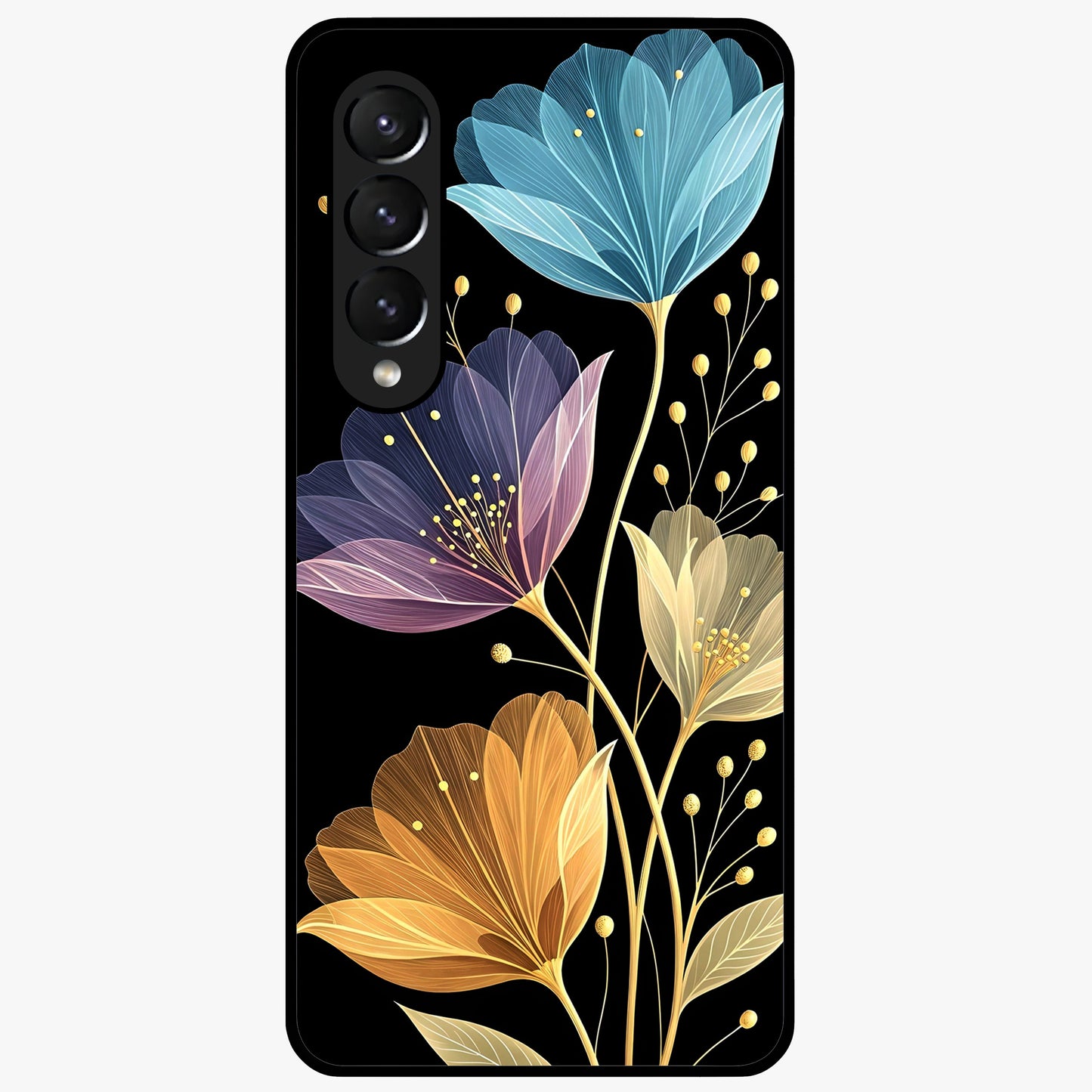 Delicate Multicolor Flowers Glass Case showing flat back view with vibrant floral artwork and glossy glass finish.