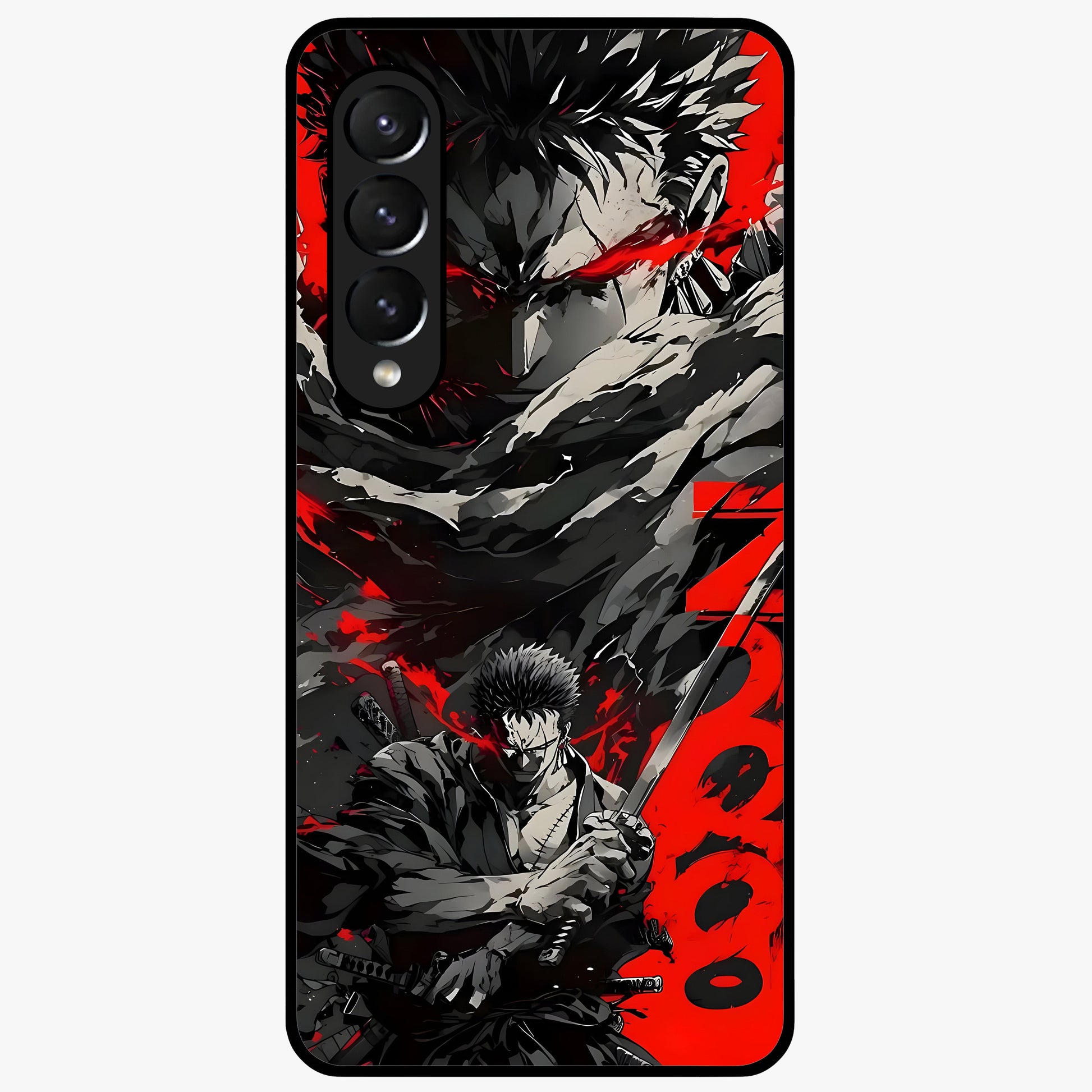 Demon Sword Resolve Glass Case showing flat back view with fierce sword warrior artwork and glossy glass finish.