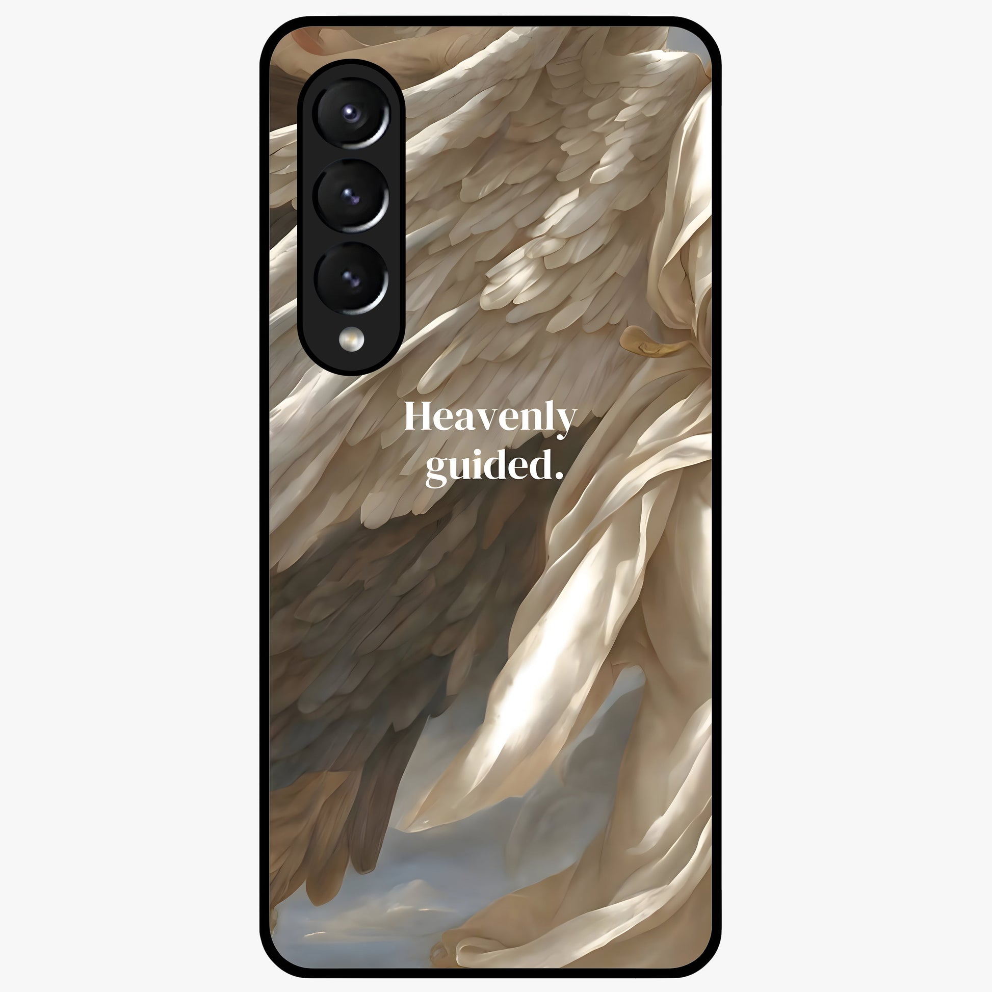Divine Winged Grace Glass Case showing flat back view with elegant wing inspired artwork and glossy glass finish.
