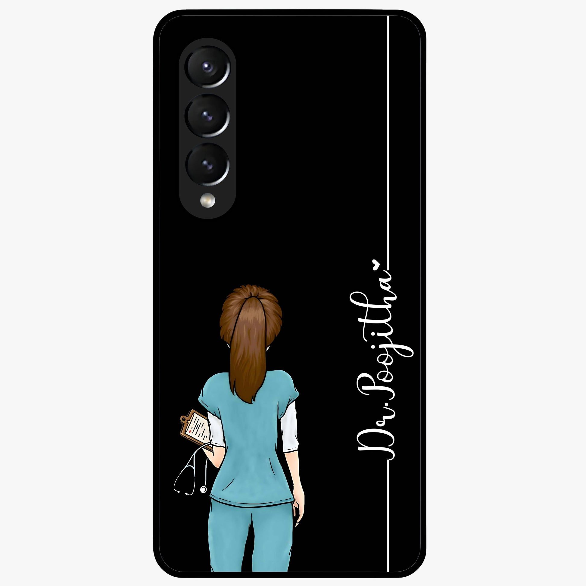 Doctor Pattern Custom Name Glass Case showing flat back view with medical themed pattern and personalized name design.