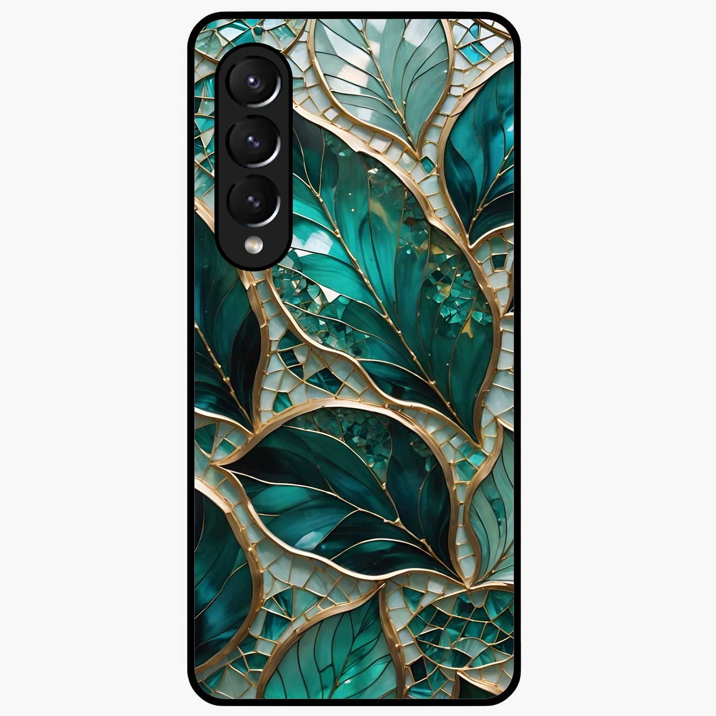 Emerald Leaf Glass Glass Case showing flat back view with emerald green leaf artwork and glossy glass finish.