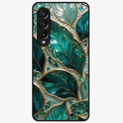 Emerald Leaf Glass Glass Case showing flat back view with emerald green leaf artwork and glossy glass finish.