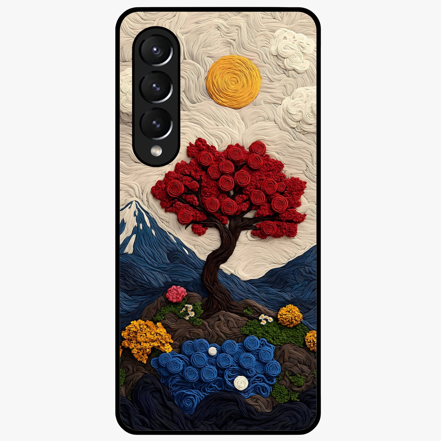 Eternal Nature Tapestry Glass Case showing flat back view with intricate nature tapestry artwork and glossy glass finish.