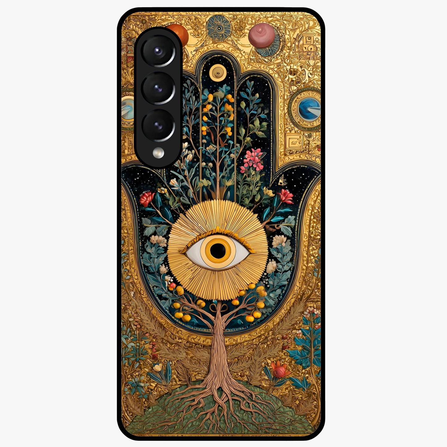 Ethereal Evil Eye Glass Case showing flat back view with mystical evil eye artwork and glossy glass finish.