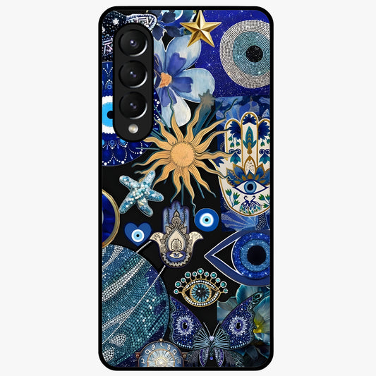 Evil Eye Charm Mix Glass Case showing flat back view with multiple evil eye charms artwork and glossy glass finish.