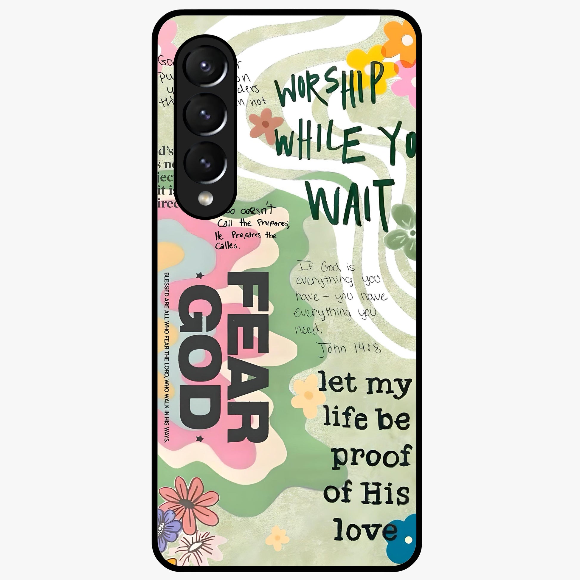 Faith Over Fear Glass Case showing flat back view with motivational typography artwork and glossy glass finish.