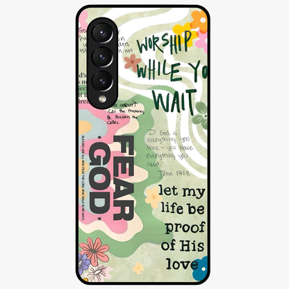 Faith Over Fear Glass Case showing flat back view with motivational typography artwork and glossy glass finish.