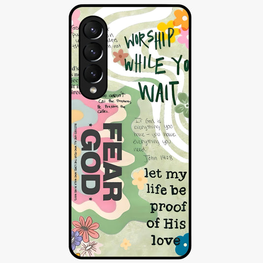 Faith Over Fear Glass Case showing flat back view with motivational typography artwork and glossy glass finish.