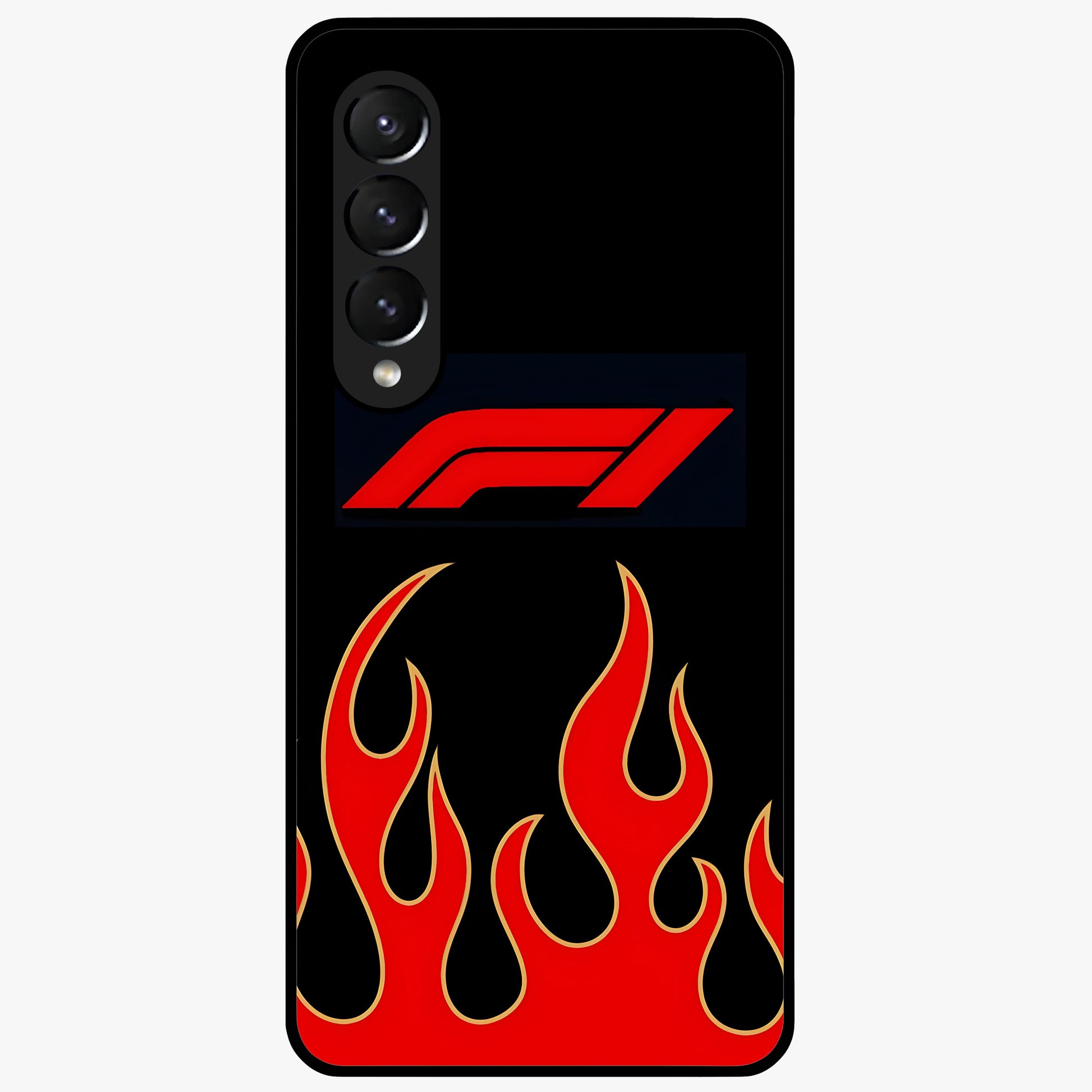 Fire F11 Glass Case showing flat back view with fiery themed artwork and glossy glass finish.