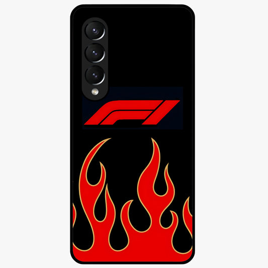 Fire F11 Glass Case showing flat back view with fiery themed artwork and glossy glass finish.