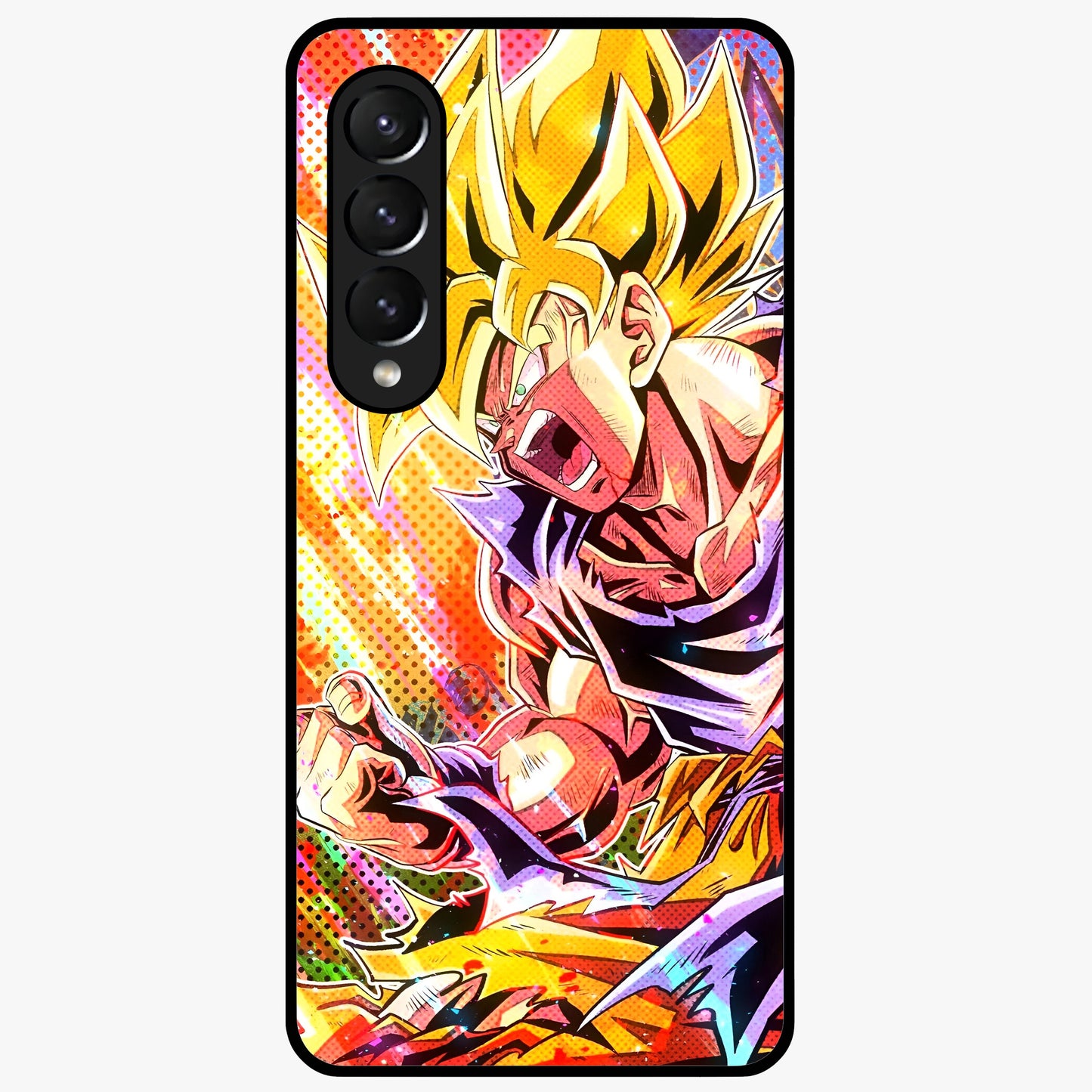 Firing Goku Glass Case showing flat back view with powerful anime inspired artwork and glossy glass finish.