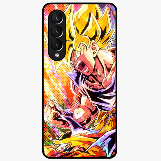Firing Goku Glass Case showing flat back view with powerful anime inspired artwork and glossy glass finish.