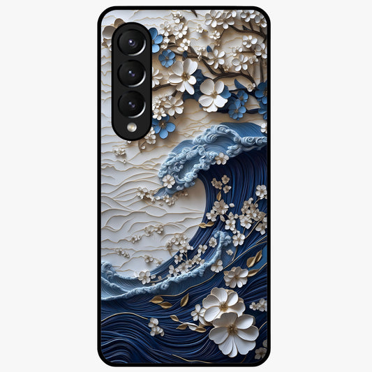 Floral Wave Origami Glass Case showing flat back view with origami inspired floral wave artwork and glossy glass finish.
