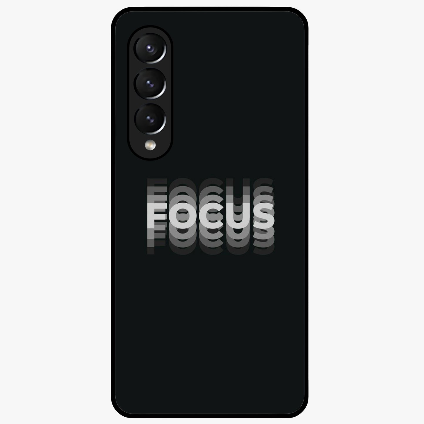 Focus Mode On Glass Case showing flat back view with bold motivational typography design and glossy glass finish.