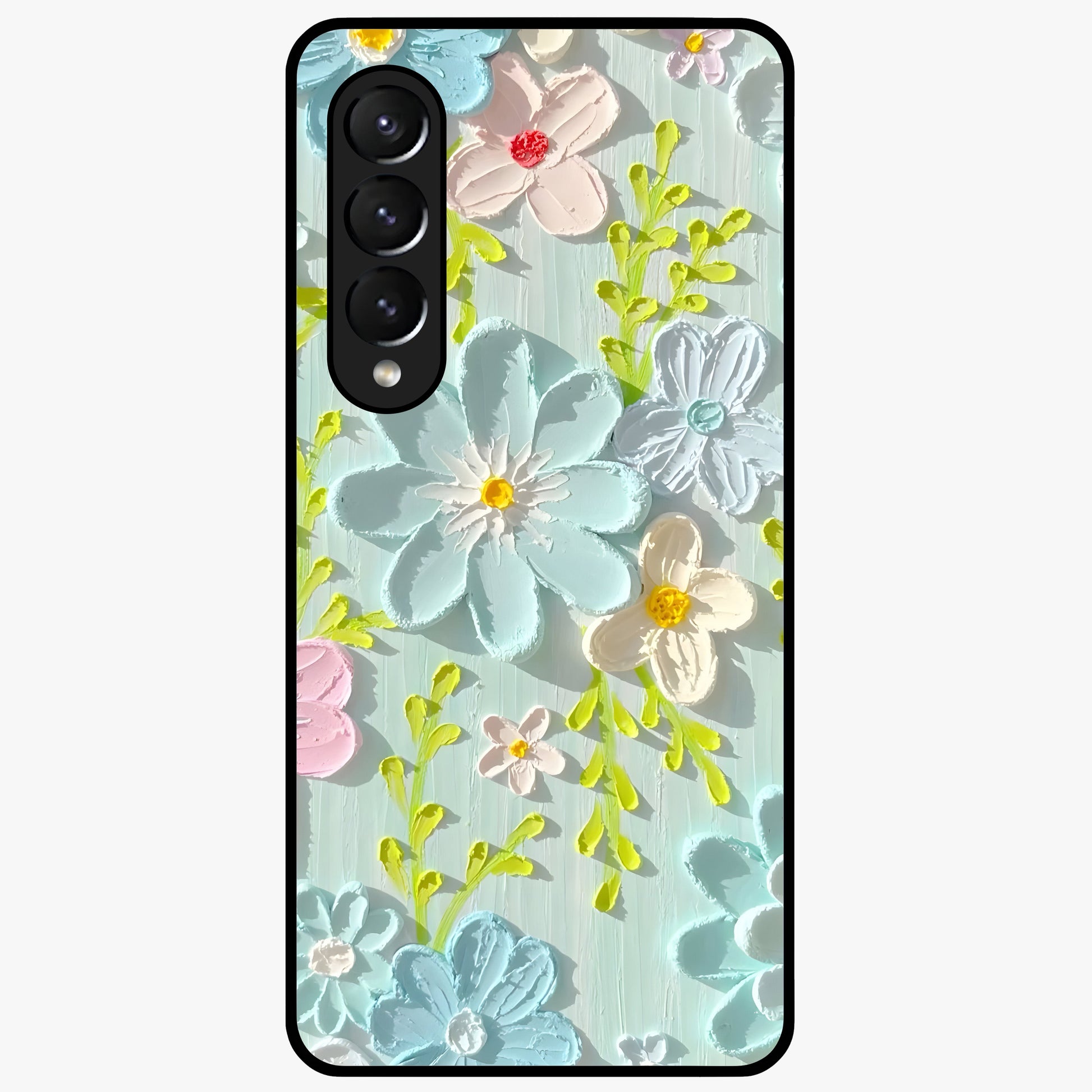 Frosted Petal Garden Glass Case showing flat back view with soft frosted floral artwork and glossy glass finish.