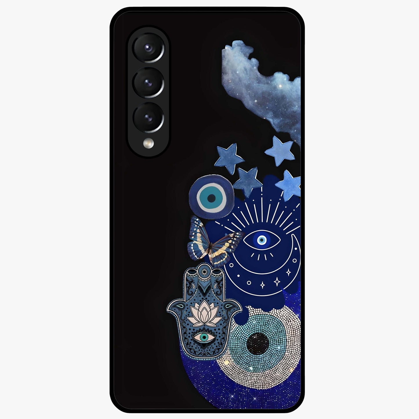 Galactic Charm Cluster Glass Case showing flat back view with glowing celestial charm artwork and glossy glass finish.