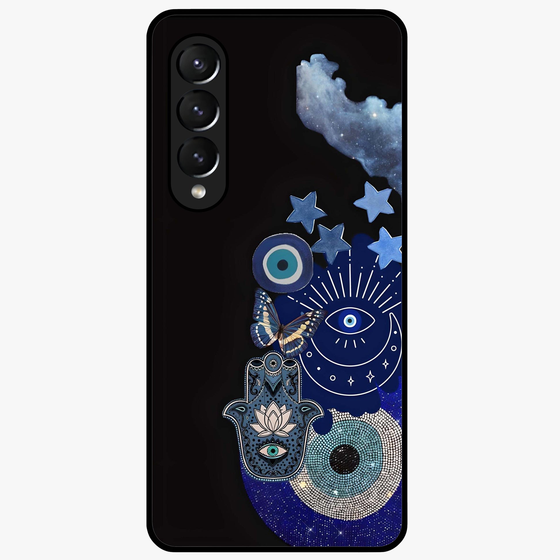 Galactic Charm Cluster Glass Case showing flat back view with glowing celestial charm artwork and glossy glass finish.