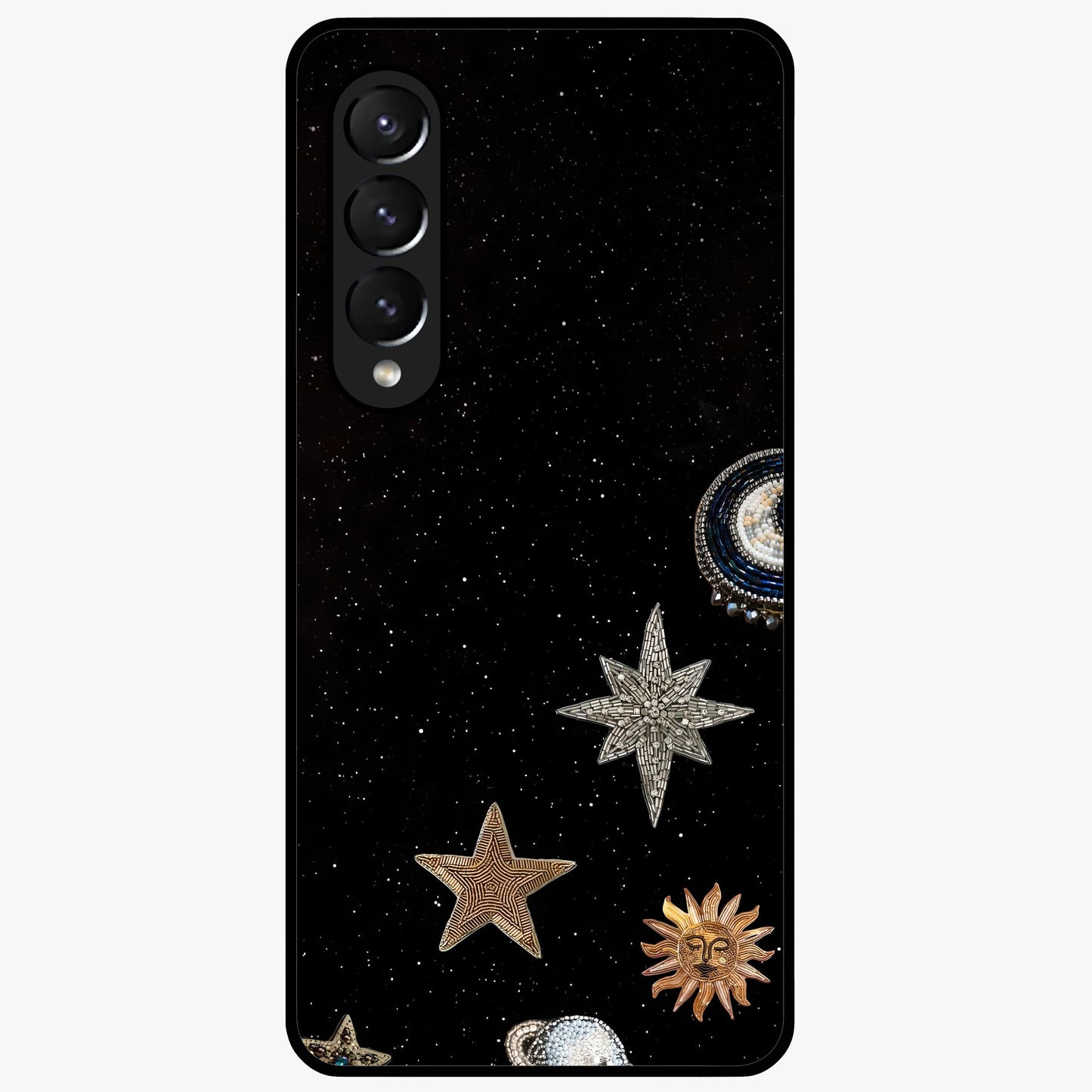 Galactic Charm Glow Glass Case showing flat back view with glowing celestial charm artwork and glossy glass finish.