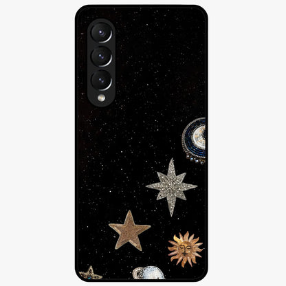 Galactic Charm Glow Glass Case showing flat back view with glowing celestial charm artwork and glossy glass finish.
