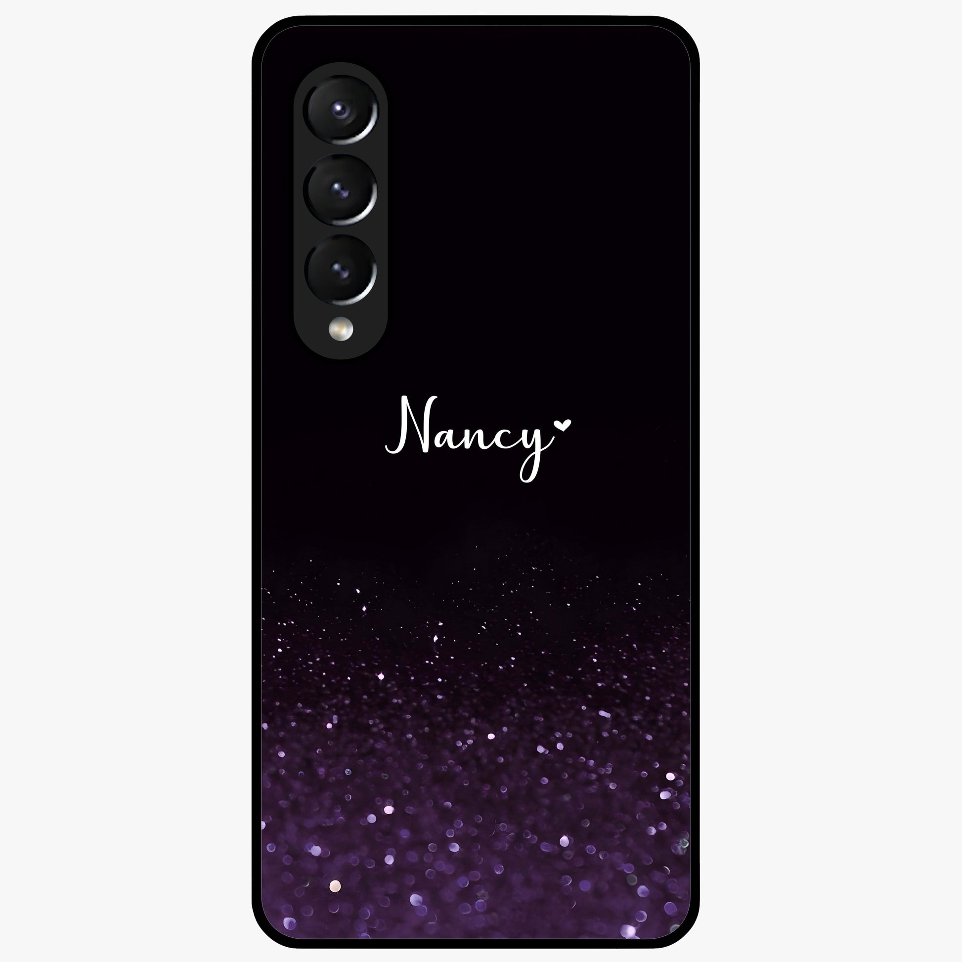 Glittery Purple Bokeh Custom Name Glass Case showing flat back view with purple bokeh sparkle artwork and personalized name design.