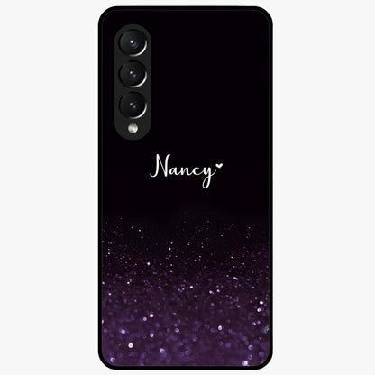 Glittery Purple Bokeh Custom Name Glass Case showing flat back view with purple bokeh sparkle artwork and personalized name design.