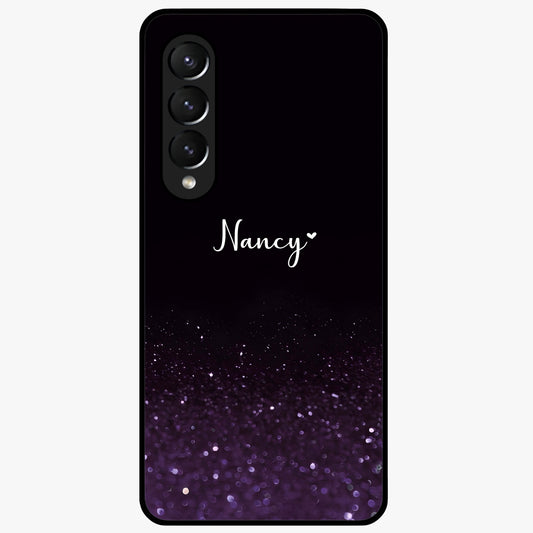 Glittery Purple Bokeh Custom Name Glass Case showing flat back view with purple bokeh sparkle artwork and personalized name design.